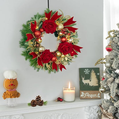 Christmas Wreaths for Front Door–24Inch Outdoor Christmas Door Wreath with Lights,Classic Xmas Wreath with Pinecone,White Berries and Silver Ornaments Design, Holiday Outdoor Wreaths Decor