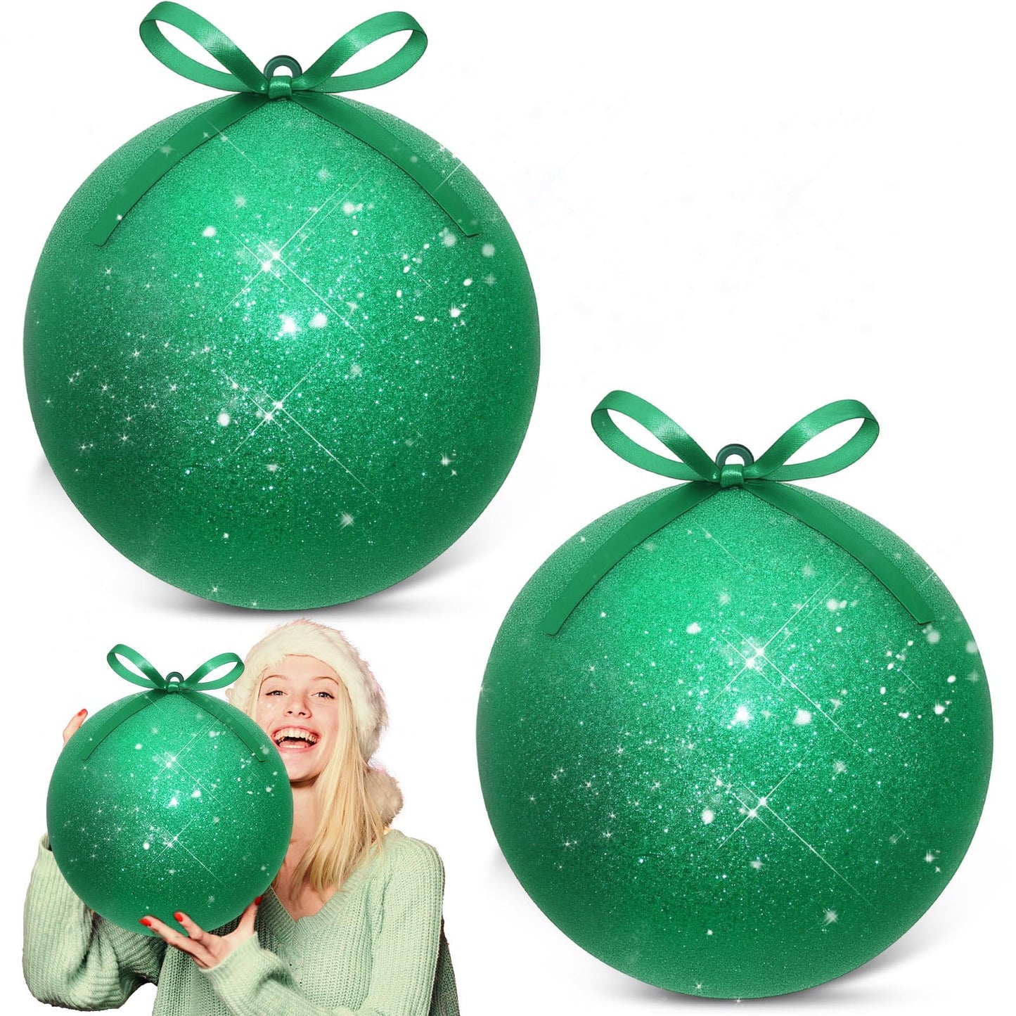 Zubebe 2 Pcs 8" Giant Fillable Christmas Ornaments with Ribbons Oversized Plastic Xmas Balls for Outdoor Lawn Yard Decor, Tree Hanging, Holiday Gifts(Matte Pink)