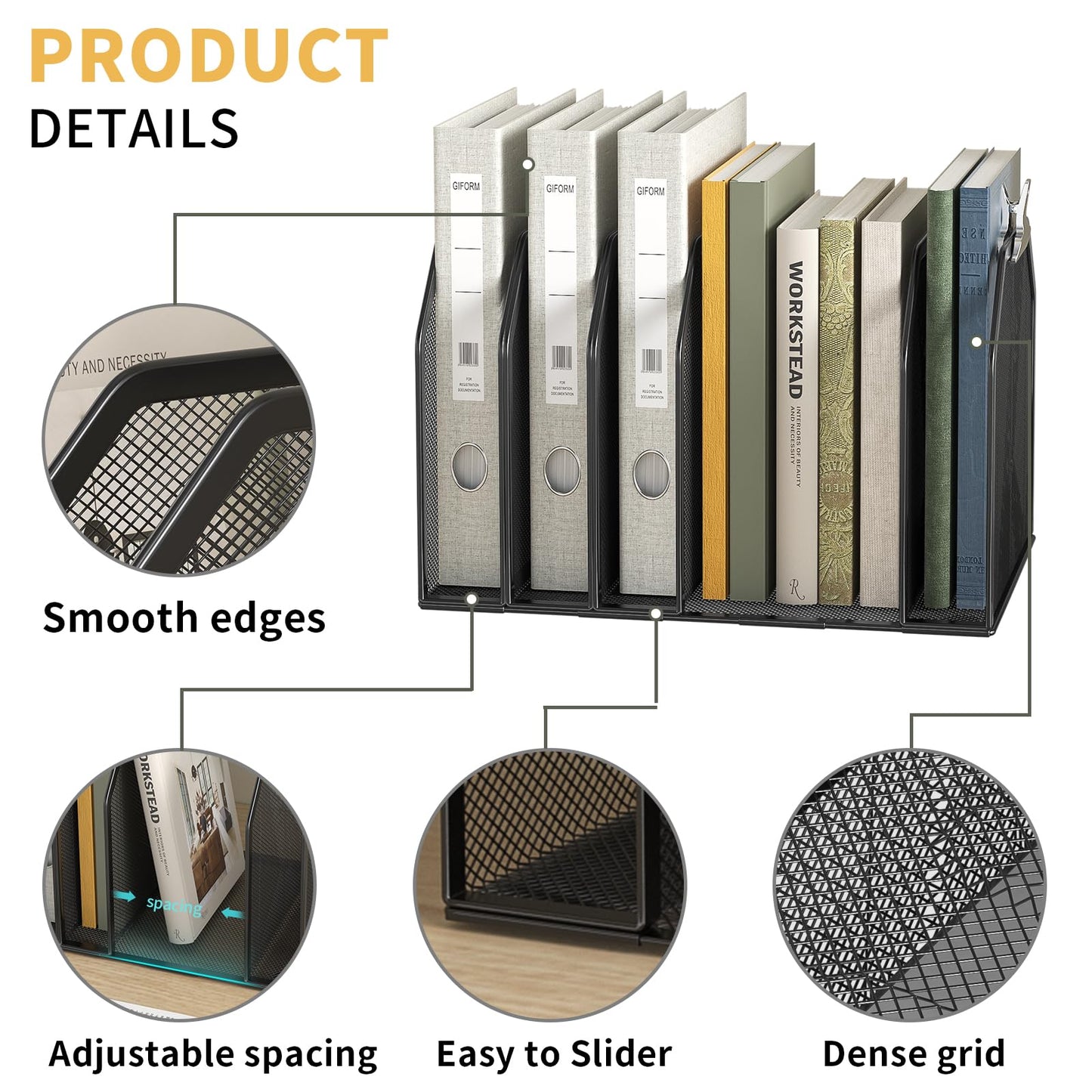 FANXIYQ Metal 7-Section File Folder Organizer for Desk | Vertical Office File Holder | Heavy-Duty Mesh Document Sorter for Books, Binders, Laptops | Black Desk Organizer (12.8”x8.5”x7.9”)