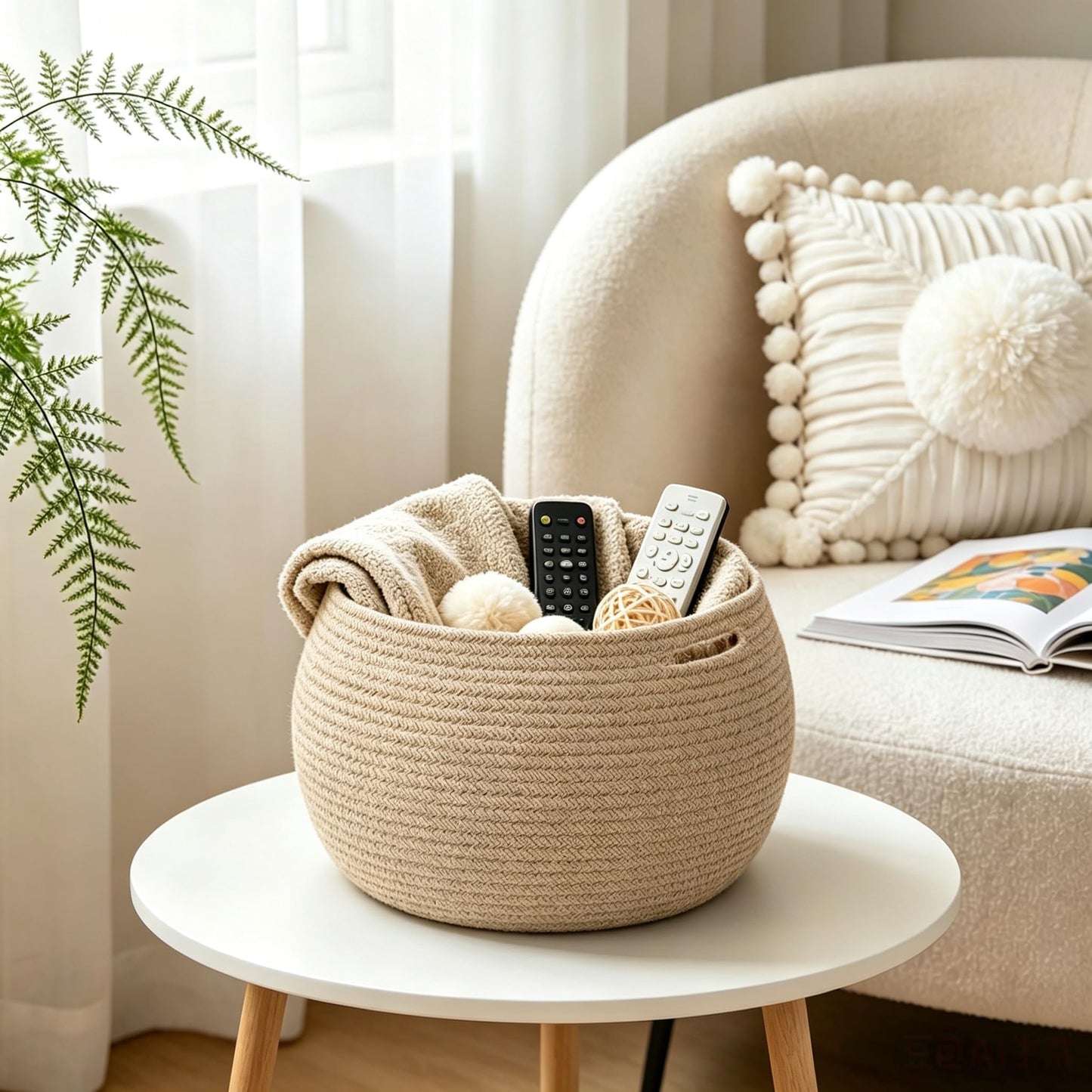 Goodpick Wicker Storage Basket for Living Room, Small Round Woven Basket for Toys, Towel, Bedroom, Children Corner Decoration Plant Baskets Indoor, Jute, 12.5"D x 8.3"H