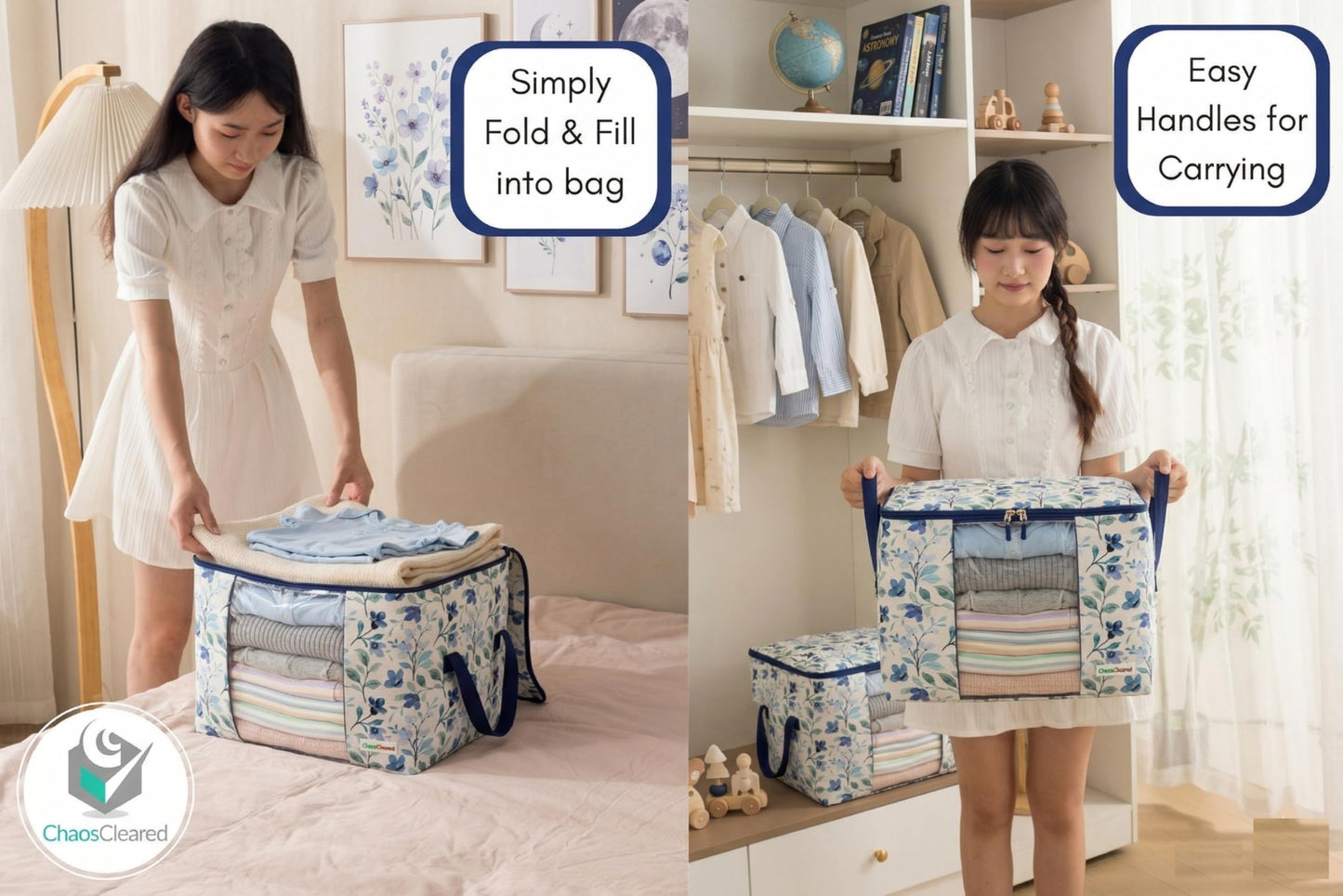 Chaos Cleared Canvas Storage Bags Designer Organizer 2 Pack – Seasonal Storage for Sweaters, Blankets, Linens & Garments – Foldable Design with Zip & Window (Blue Floral Print)