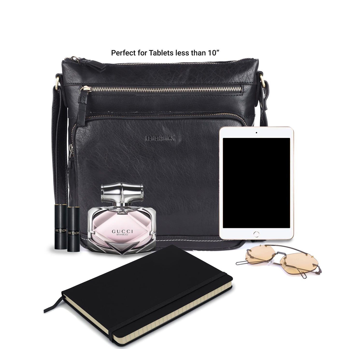 LEDERBUCK Olga Women's Extra-Large Genuine Leather Crossbody Purse – Soft Triple-Zip Shoulder Bag (Black)