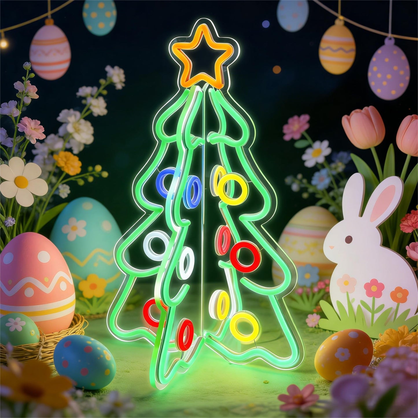Lumavere Easter Neon Signs, 3D Acrylic LED Tree Light with Adjustable Brightness, Tabletop Holiday Decoration for Indoor & Outdoor, USB Powered, 2-Piece Easy Assembly Christmas Tree Festival Gifts