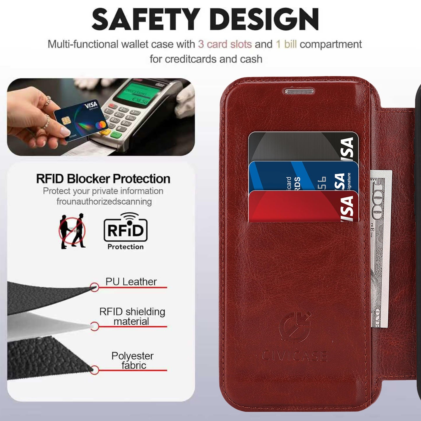 CIVICASE for iPhone 17 Pro Max Wallet Case with Stand,PU Leather Flip Credit Card Holder Slots (RFID Blocking),Compatible with Magsafe Magnetic Holder Phone Cover Women Men,Dark Brown