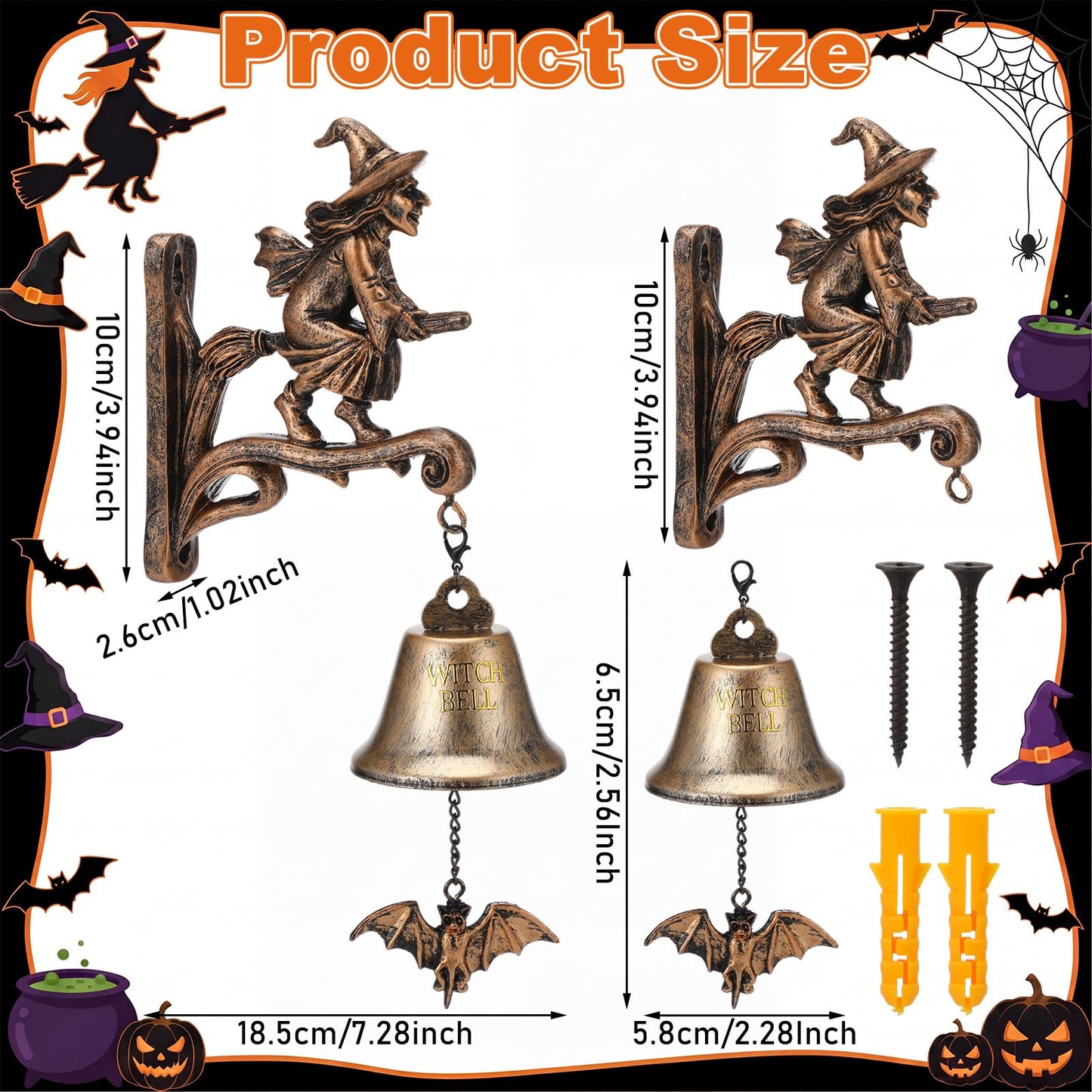 BrightRow Halloween Witch Bell Wall Mounted Cast Iron Resin Gothic Doorbells with Bat Clapper 3D Iron Witch Bells for Home Protection Witchcraft Supplies Door Bell Decoration for Porch Garde