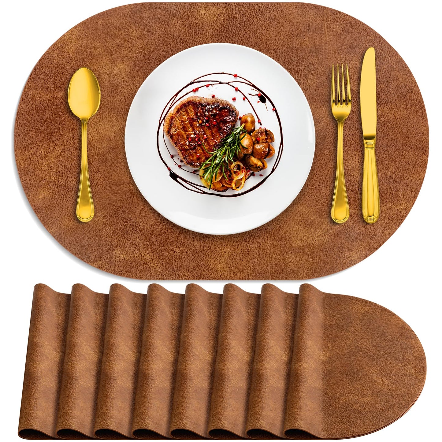 ADRIMER Placemats, Heat Resistant Oval Placemats Set of 8 Washable 12 x 17 Inch, Waterproof Table Mats, Wipeable Pu Place Mats for Kitchen, Dining Room, Turmeric Brown