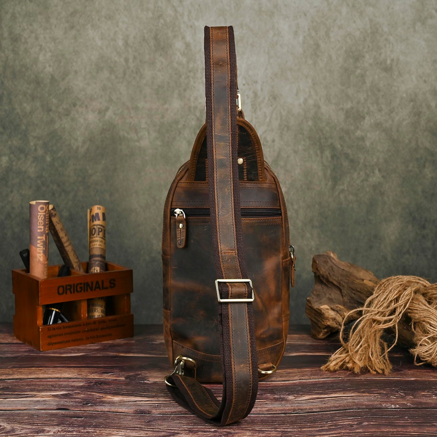 Handadsume Thick Crazy horse Leather Triangle Crossbody Sling Chest Bag Travel One Shoulder Bag Daypack For Men Male 3028 (1186-Brown)