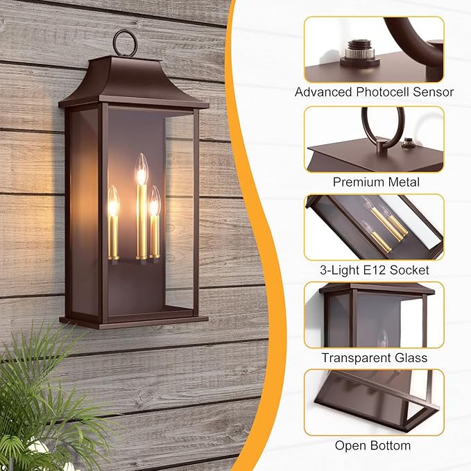 Dusk to Dawn Outdoor Wall Light 3-Light, 25.3" Large Outdoor Light Fixture, Oil Rubbed Bronze Exterior Wall Lantern, Waterproof Outside Wall Sconce for House Porch Patio