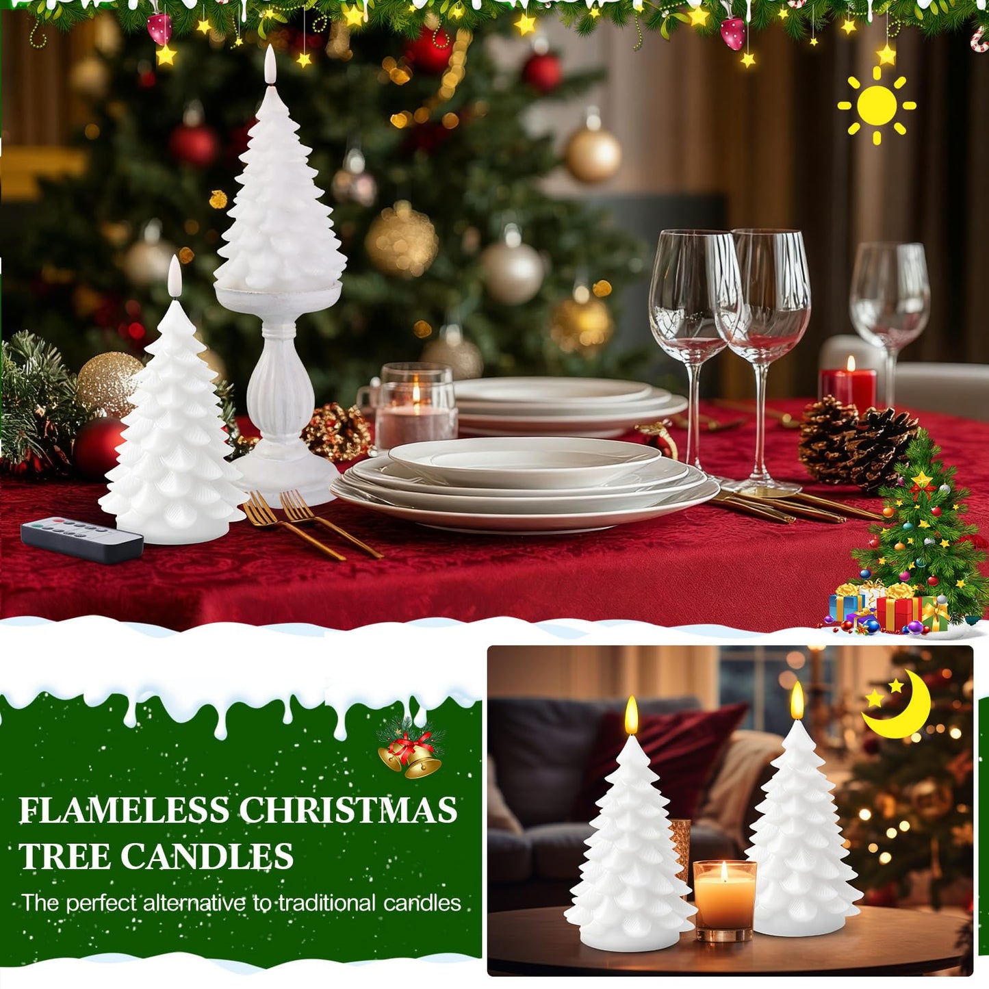 Aurelema 2 Pack 8" Large Christmas Tree Flameless Candle with Remote Timer, Large Real Wax Battery Operated Pillar Candle, 3D Wick LED Flickering Candles for Xmas Party Home Dinner Decor(White)