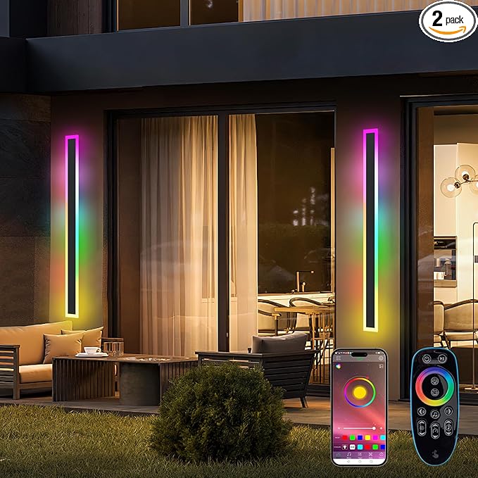 Outdoor RGB Long Wall Lights, 57.5inch 2 Pack RGB/Warm/White Dimmable Modern Led Wall Lighting, Ip65 Waterproof Long Wall Sconce with Remote and APP Control for Outdoor/Indoor