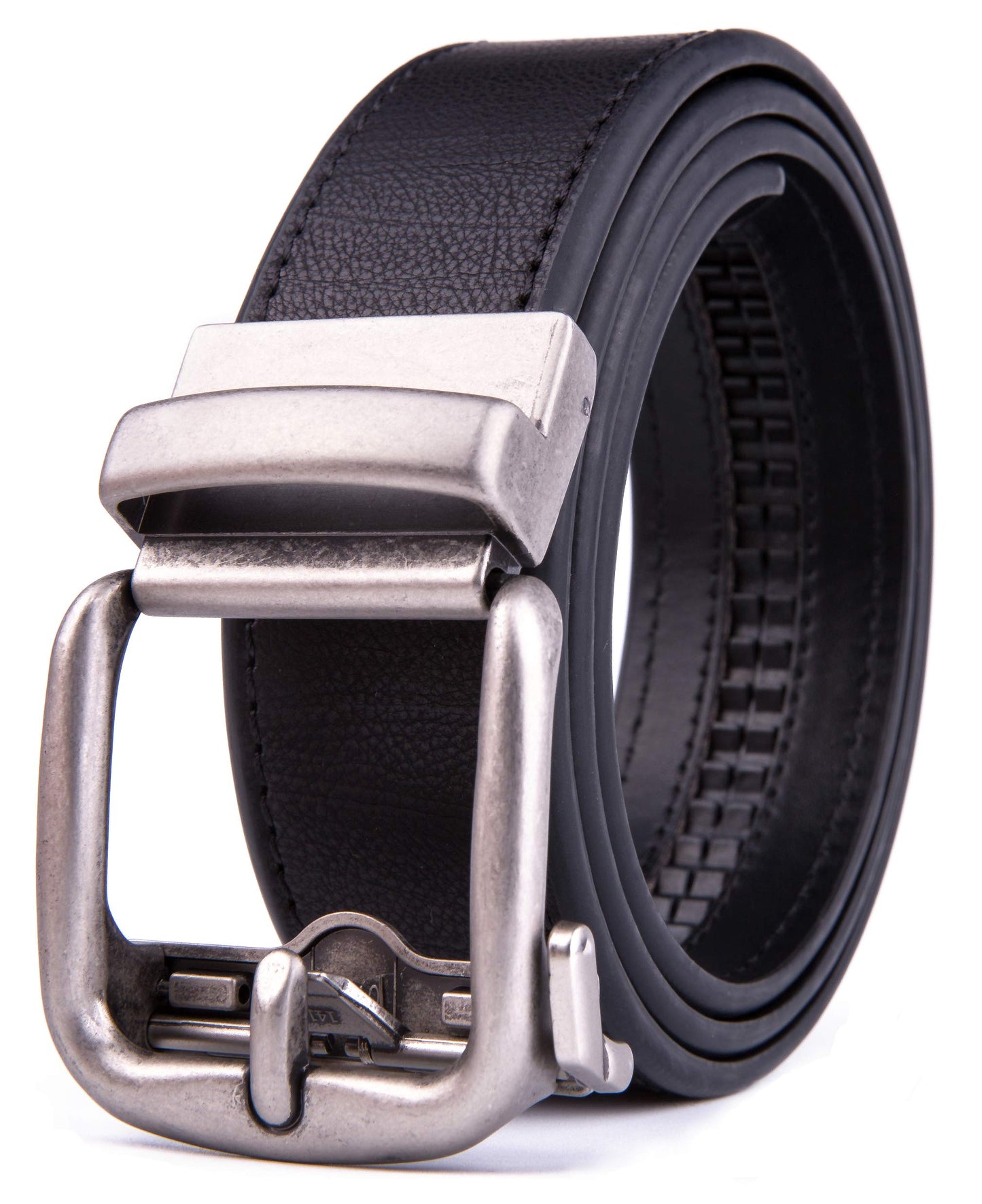 Fabio Valenti Men's Synthetic Leather Ratchet Dress Belt with Automatic Buckle, Adjustiable Sizes, Handmade, All leather Strap(2073,Black,44/46)