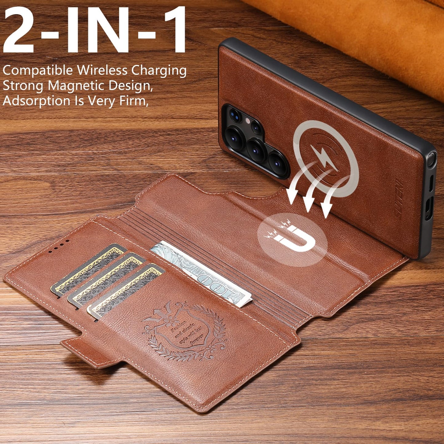 SINIANL for Samsung Galaxy S24 Ultra Leather Wallet Case Compatible with MagSafe Wireless Charging, Detachable Leather Cover with Card Slots Holder, Kickstand, Magnetic for Galaxy S24 Ultra Brown