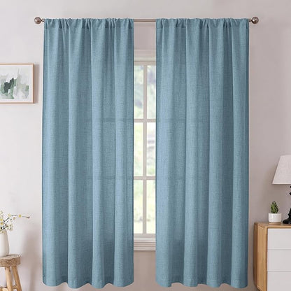 Tollpiz Linen Curtain Bedroom Rod Pocket Semi Sheer Curtains Burlap Light Filtering Thick Linen Drape for Living Room, 54 x 63 inches Long, Dusty Blue, Set of 2 Panels