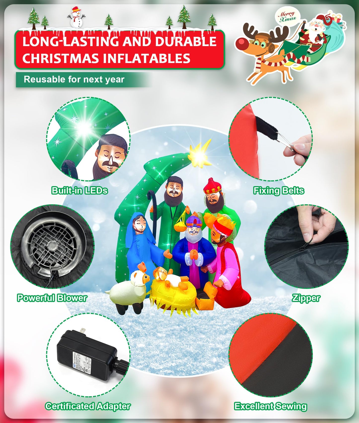 EAONE 7FT Christmas Inflatable Nativity Scene Outdoor Decorations, Christmas Blow Ups Yard Decorations Nativity Sets with 1.5 Meter String Lights for Garden Lawn Xmas Holiday Decor