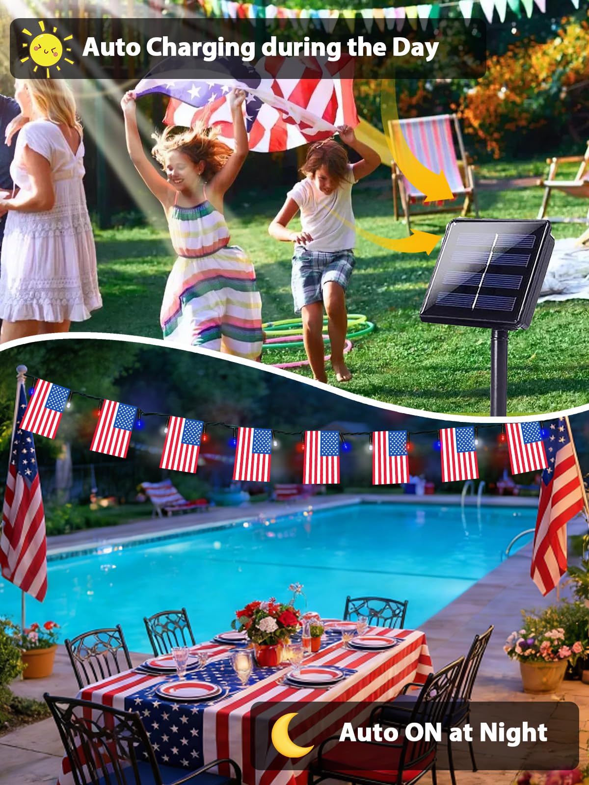 2 Pack 4th of July Decorations, Solar American Flag Lights Outdoor with 8 Modes, 37.6FT 50 USA Flags & 100 Red White and Blue LEDs Patriotic Lights Waterproof for Independence Day 250th Anniversary