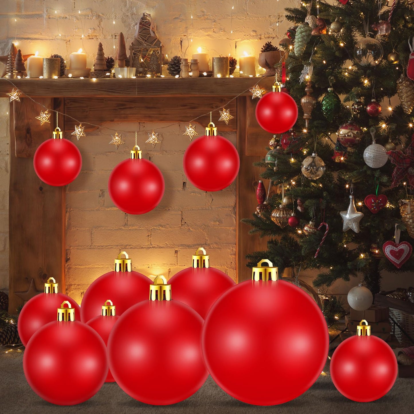 Marsui 24 Pcs Giant Christmas Balls Ornaments Extra Large Outdoor Red Christmas Ornament 8'' 6'' 3'' 2'' Large Xmas Balls Bulk Plastic Shatterproof for Xmas Tree Lawn Yard Porch (Shiny)