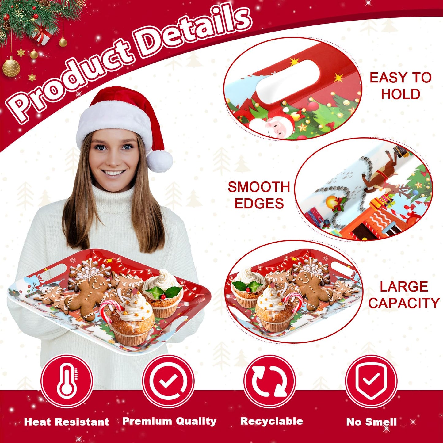 gisgfim 2PCS Christmas Serving Tray with Handles 16 X 11 Inch Large Melamine Platter Serving Dishes Rectangular Xmas Tree Santa Snowman Gingerbread House Food Tray for Snack Cookie Candy Dessert Plate