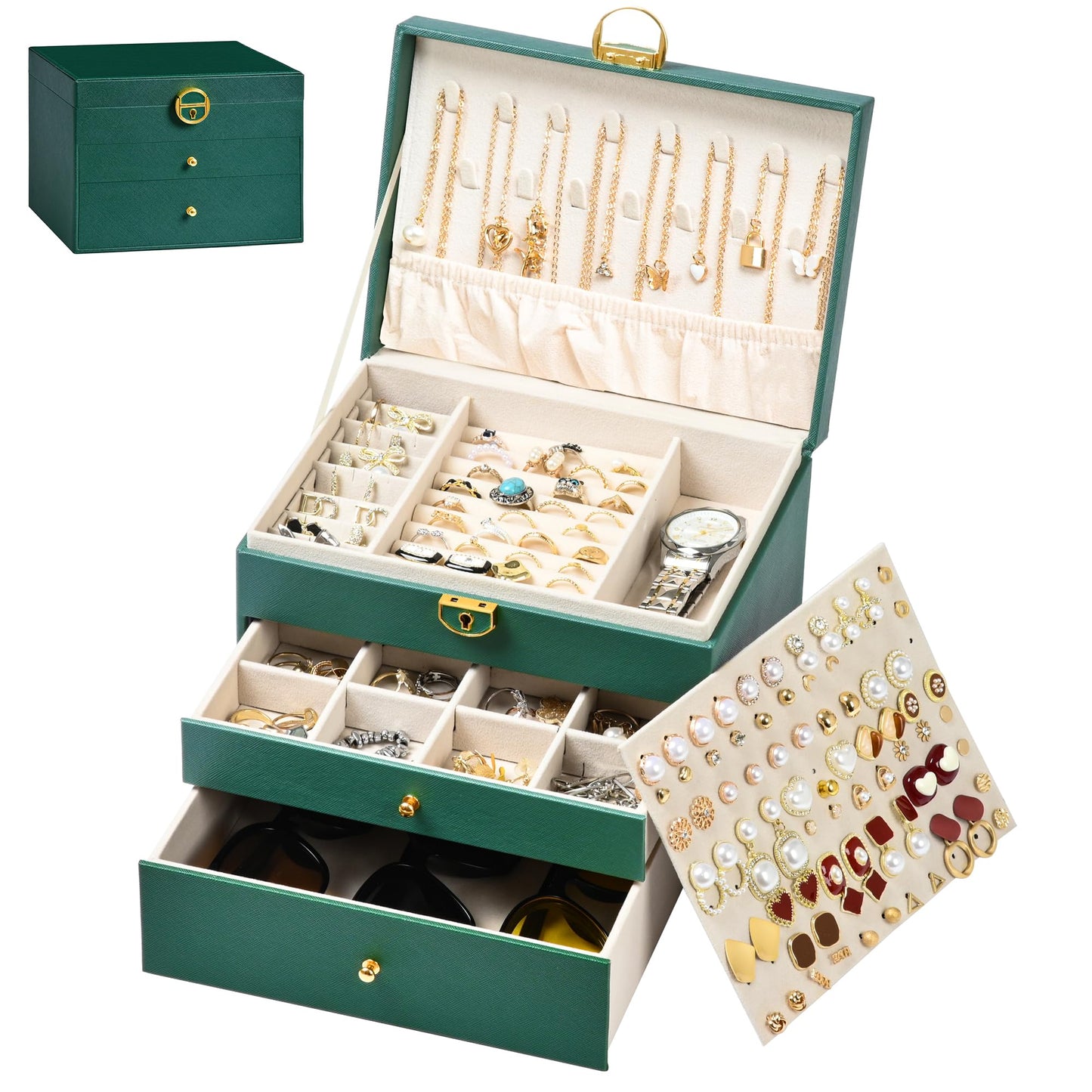 GALHUBIS Jewelry Box, 3 Layers Leather Jewelry Storage Display Box for Women, Gift Case, 2 Drawers, Large Capacity for Necklace Earrings Bracelets Rings,Green