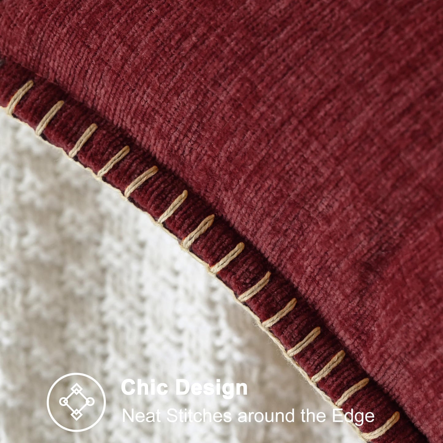 CaliTime Christmas Throw Pillow Covers Decorative 18 X 18 Inches Pack of 2 Cotton Thread Stitching Edges Solid Dyed Soft Chenille Cushion Cases for Couch Sofa Bed Living Room Farmhouse Burgundy