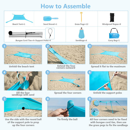 WILDPATH Beach Tent Sun Shelter 10 x 10FT with 8 Sandbags, UPF 50+ Protection Beach Shade Canopy, Eazy Up Portable Canopy Tent for Sun, Camping, Fishing, Backyard