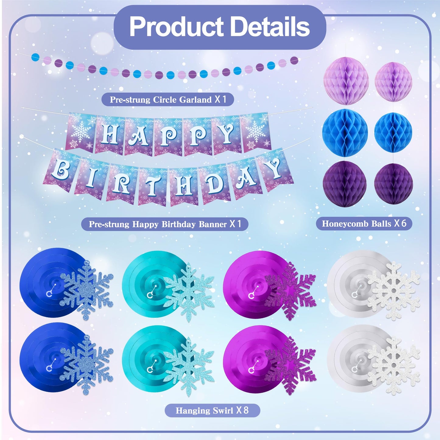 Frozen Birthday Party Decorations Happy Birthday Banner Honeycomb Balls Snowflake Hanging Swirls Streamers Circle Garland Decoration Winter Holiday Party Decorations for Christmas