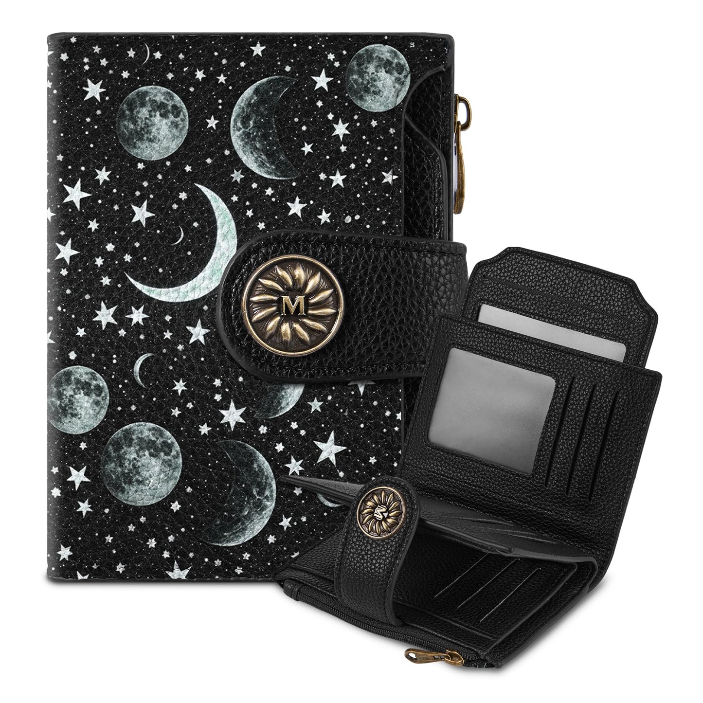 Mayski Celestial Moon Small RFID Wallet Women, PU Leather Bifold Zipper Coin Pocket Compact Cash Credit Card Holder Purse, Cute Travel Wallet for Female Ladies Teen Girls, 4 ID Window 14 Card Slots