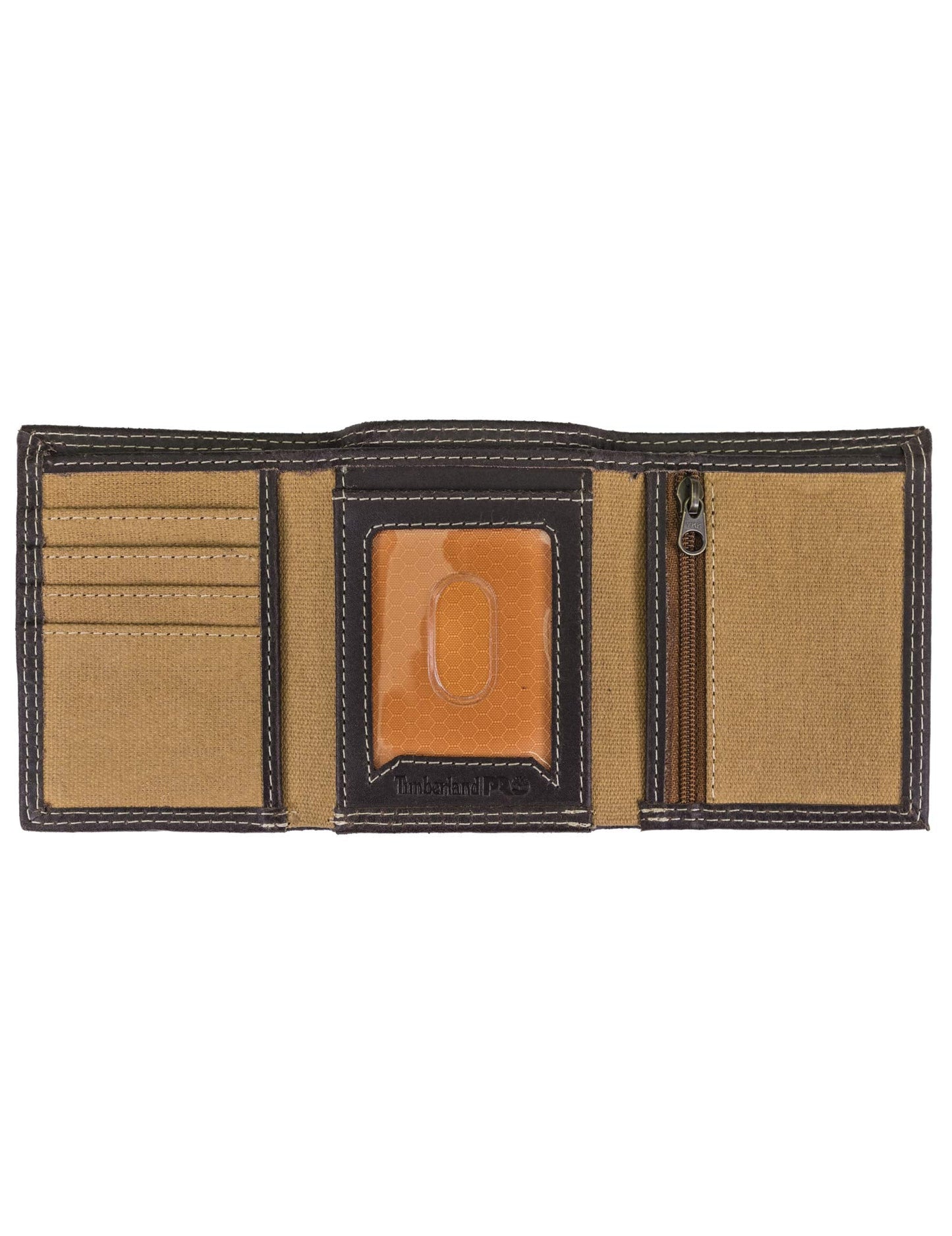 Timberland PRO Men's Canvas Leather RFID Trifold Wallet with Zippered Pocket, Khaki, One Size