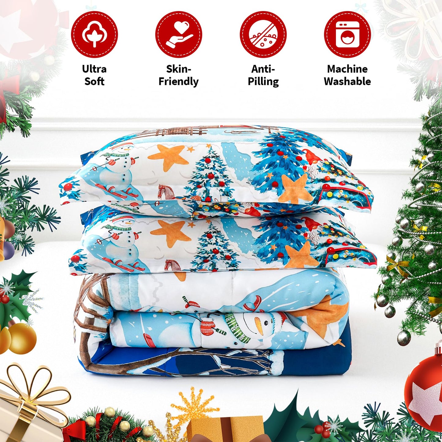 YIYEA Christmas Queen Comforter Set for Girls Boys, Cute Kids Comforter with 2 Pillowcase, Ultra Soft Brushed Microfiber Christmas Bedding Comforter Sets, Suit for All Season, Machine Washable