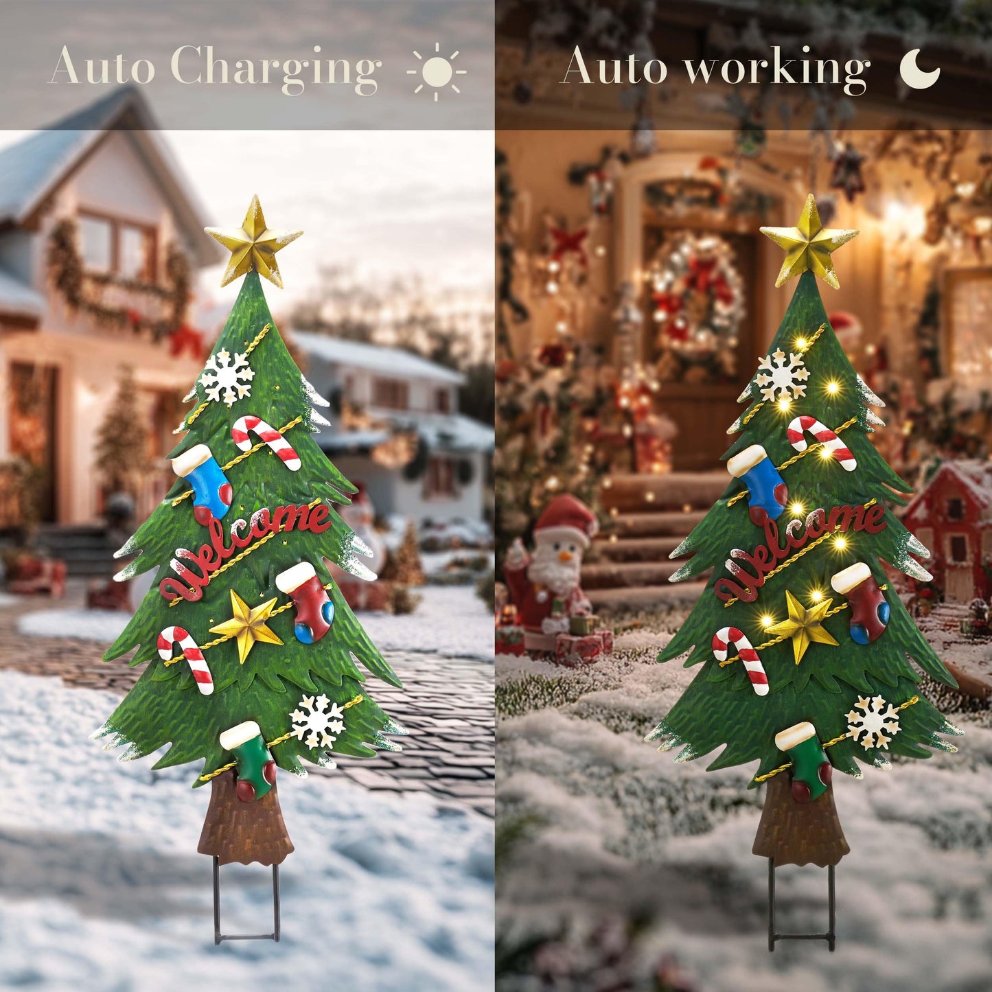 TERESA'S COLLECTIONS Christmas Garden Stake, Metal Outdoor Christmas Tree Decorations for Home, Welcome Sign with Solar Light, Green Waterproof Decoraions for Yard, Party Gifts,31"