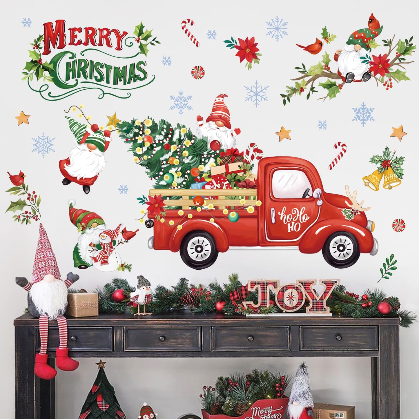 Wondever Red Truck Wall Stickers - Gnomes, Christmas Tree, Window Art Decals for Party, Xmas Home