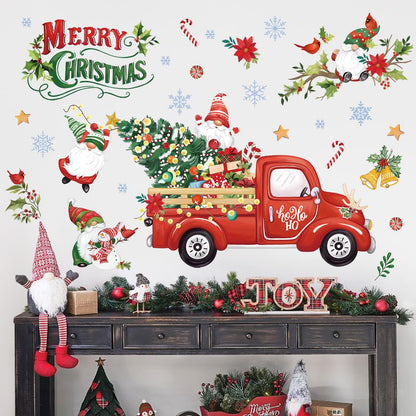 Wondever Red Truck Wall Stickers - Gnomes, Christmas Tree, Window Art Decals for Party, Xmas Home