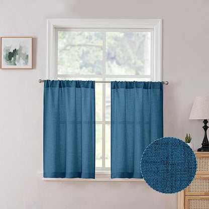 Tollpiz Short Linen Tier Curtains Rod Pocket Semi Sheer Half Kitchen Curtain Burlap Light Filtering Thick Linen Drapes for Bathroom, 30 x 24 inches Long, Classic Blue, Set of 2 Panels
