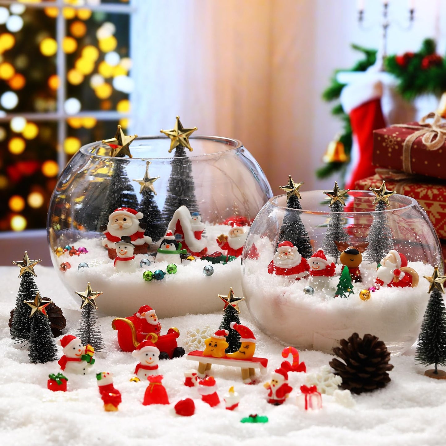 Roowest 96 Pcs Miniature Ornaments for Snow Globe Kit DIY Christmas Village Decoration Christmas Figurines Mini Ornaments with Snowman Reindeer Santa Claus Snowflake(Green Sliver Black)
