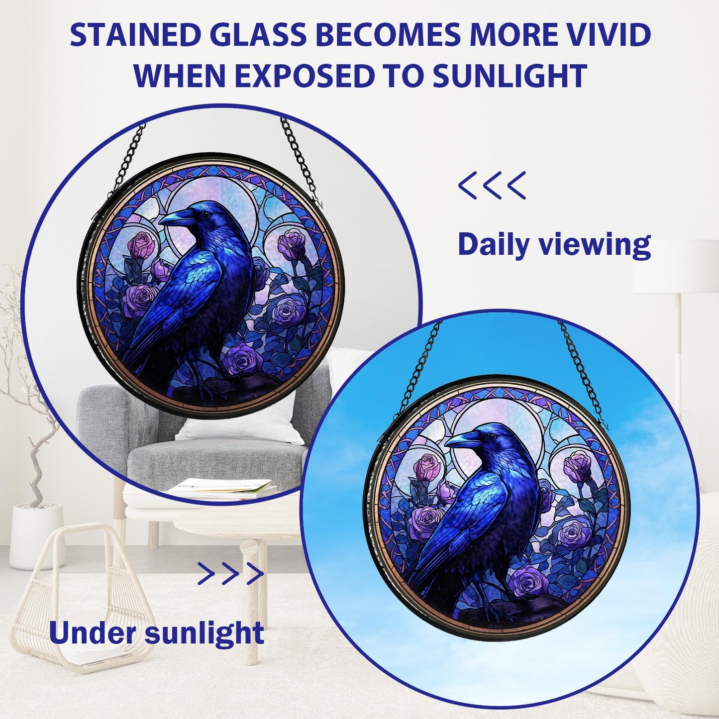 Crow Stained Glass Window Hanging, Raven Suncatcher Diamond Glass Panel Hangings, Sun Catchers Indoor Windows Wall Art, Gift for Birds Lover, Christmas Decor for Home Garden Office Purple 7.87 inches
