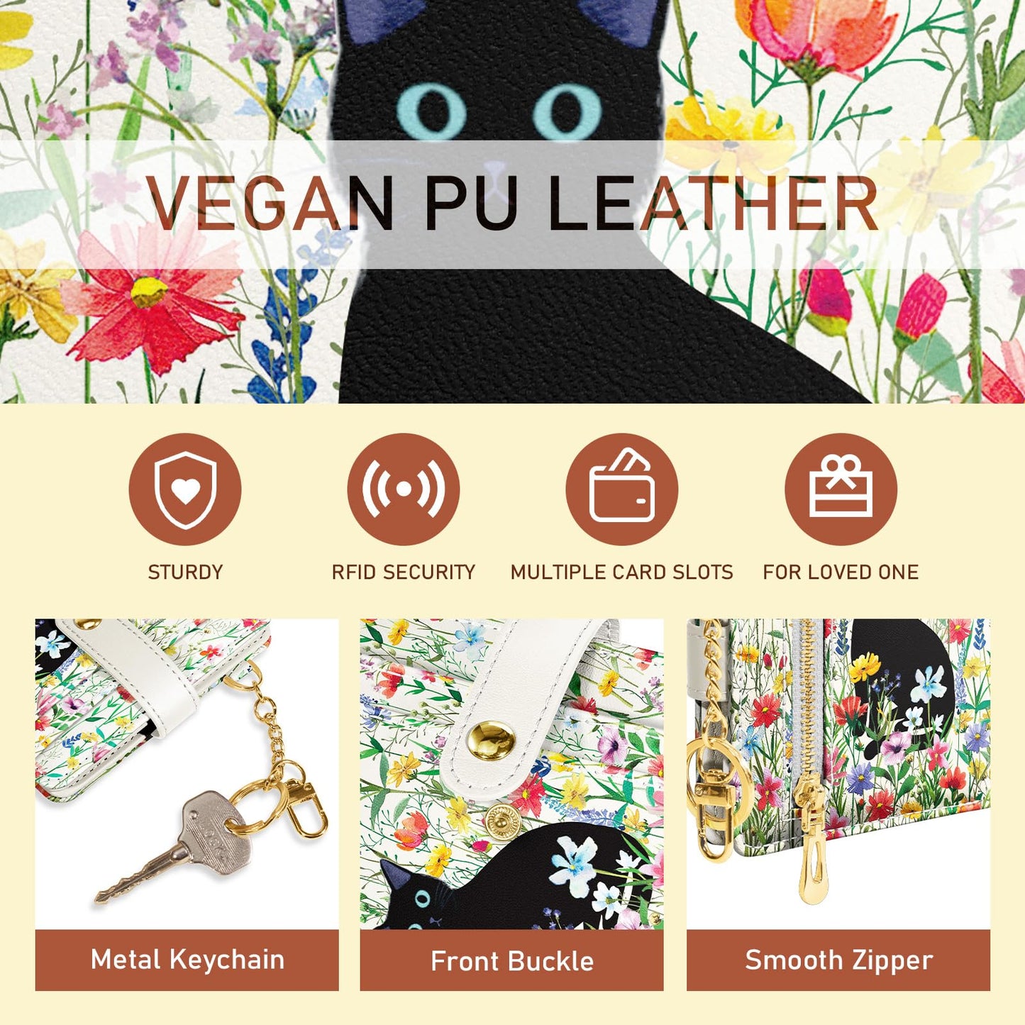 Jogjam Black Cat Flower Floral Aesthetic Rfid Women Wallet, Cute Small Slim Thin Compact Credit Card Wallet, PU Leather Bifold Cash Wallet, Zipper Coin Pocket ID Window, Girls Girly Teens Gifts
