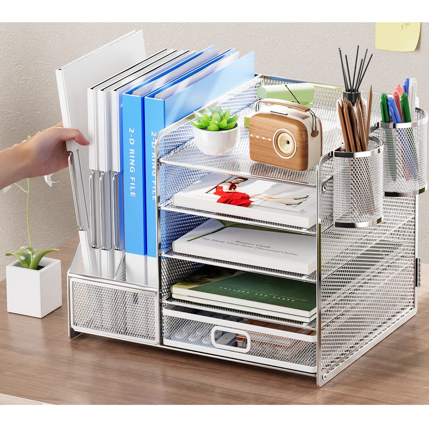 Marbrasse Desk Organizer with File Holder, 5-Tier Paper Letter Tray Organizer with Drawer and 2 Pen Holder, Mesh Desktop Organizer and Storage with Magazine Holder for Office Supplies (Silver)