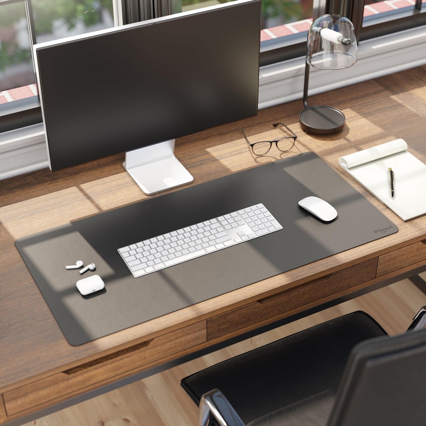 Smead Desk Pad, Vegan Leather Desk Mat with Non-Slip Faux Suede Backing, Perfect Desk Organizer for Office Decor, 36” x 17” Large, Charcoal (64828)