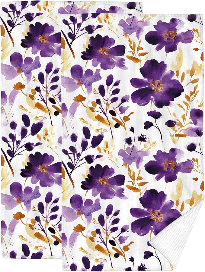 Purple Floral Hand Towels Bathroom Soft Absorbent Purple Flower Decorative Bath Towels Set for Bathroom Gym Spa Home Farmhouse Housewarming Gifts for Women Girls Set of 2, 14"x28"