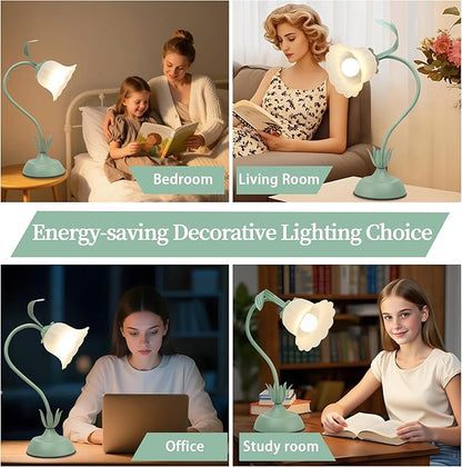 Vintage Flower Table Lamp, 3 Color Temperature Flexible Gooseneck Cute Desk Lamp for Bedroom, Kawaii Nightstand Bedside Lamps for Living Room, Dorm, Office, Home Decor (Green)