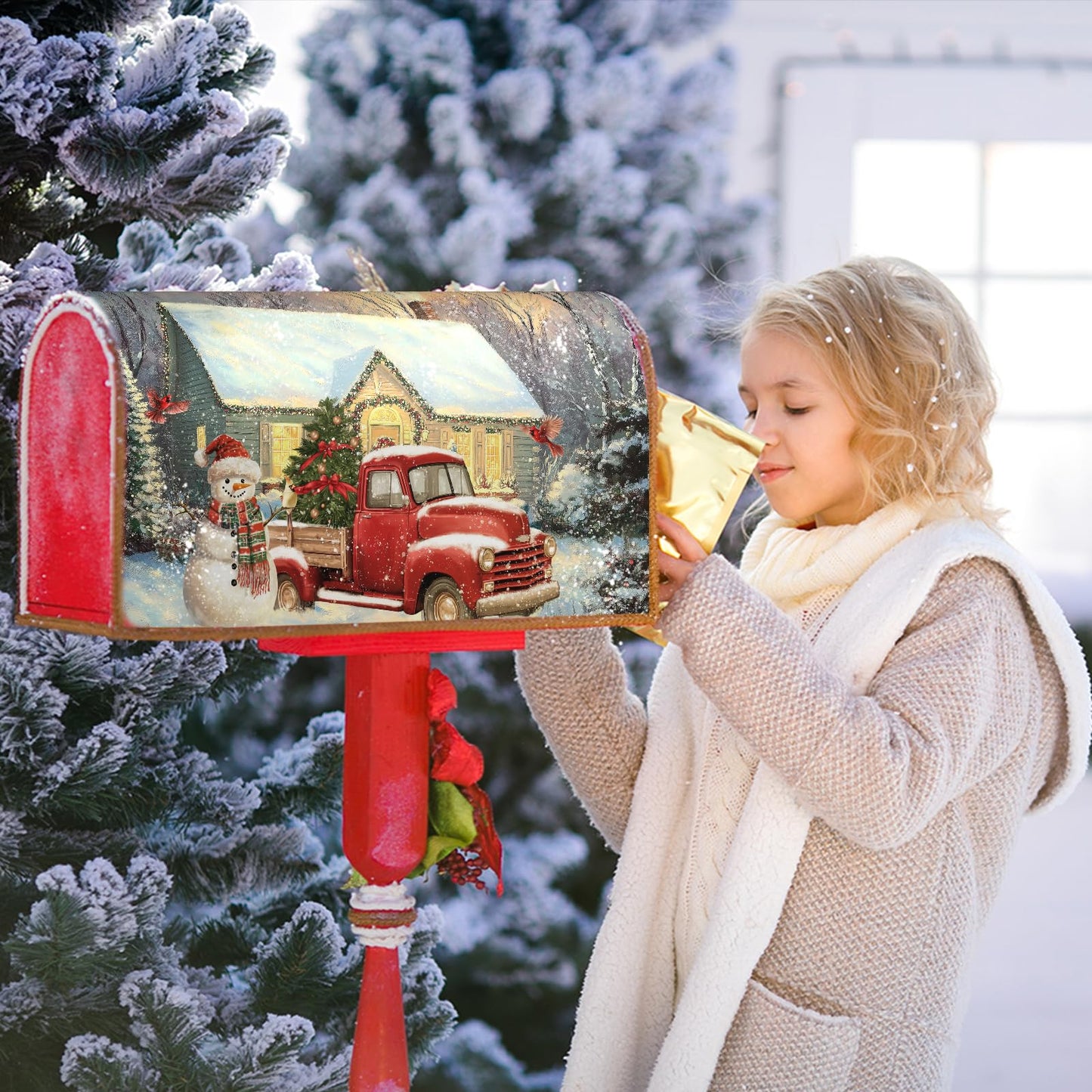 Winter Mailbox Covers Magnetic Standard Size 21 x 18 Inch Christmas Snowman Truck Farmhouse Mailbox Wraps Post Letter Box Cover for Garden Yard Xmas Holiday Home Decor