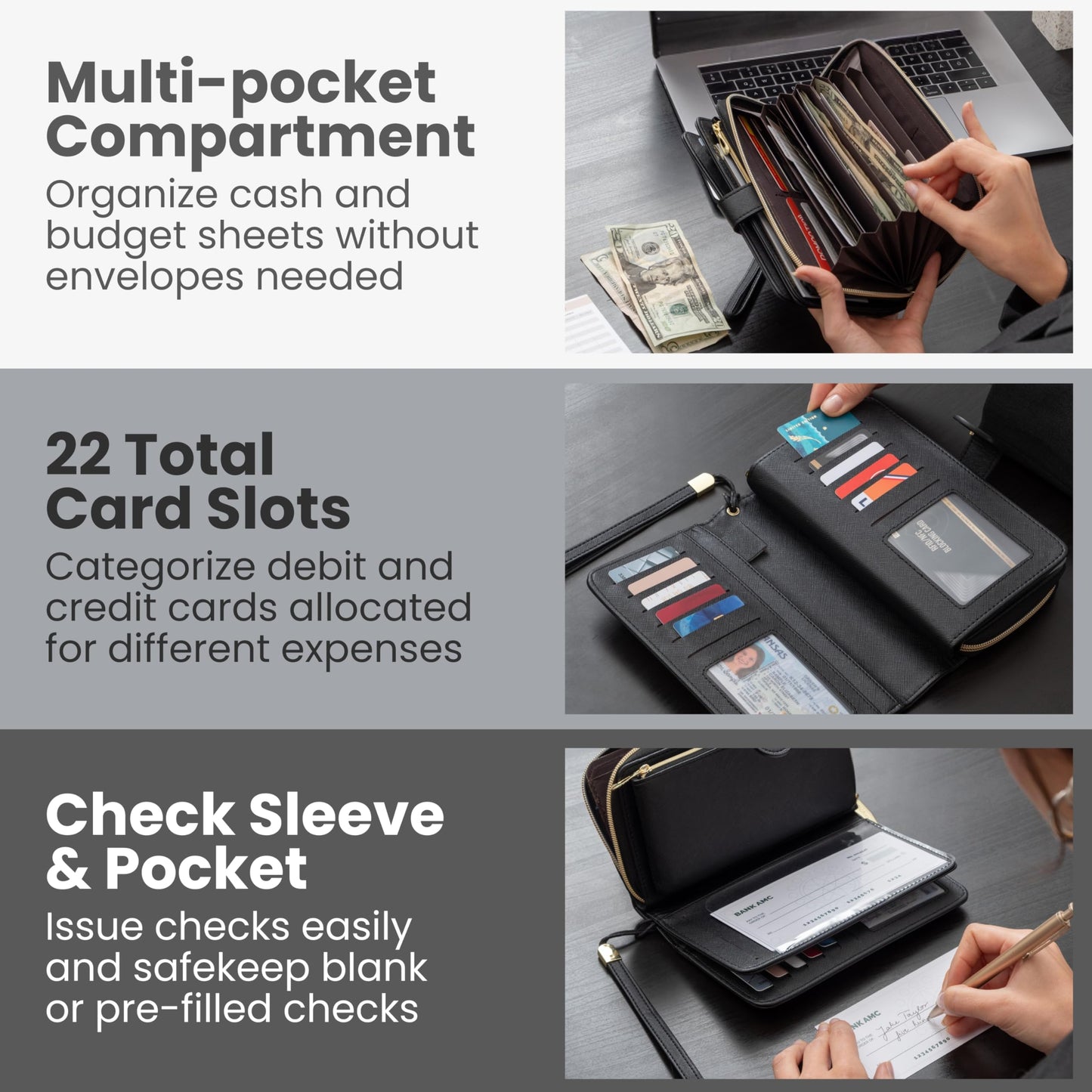 Multi-flap Budget Wallet for Cash Stuffing, Card, Check -Simplified Cash Envelope Wallet System for Budgeting W/Budget Tracker Sheets, RFID Blocking Leather Wallets For Women, Money Organizer Holder