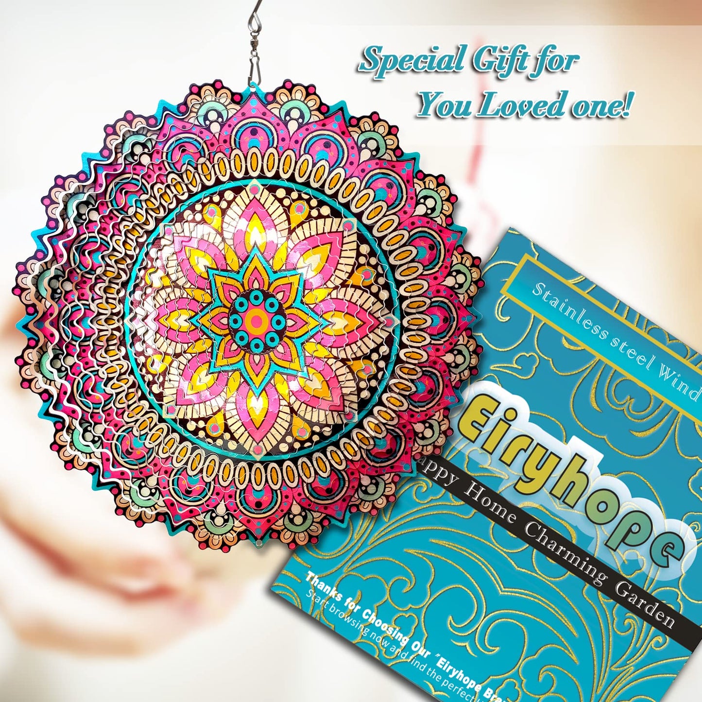 Eiryhope Mandala Blossom Wind Spinner - Metal Wind Spinners | 12inch 3D Kinetic Laser Cut Hanging Wind Sculpture & Wind Catcher | Outdoor Decor for Garden, Patio, Yard Art