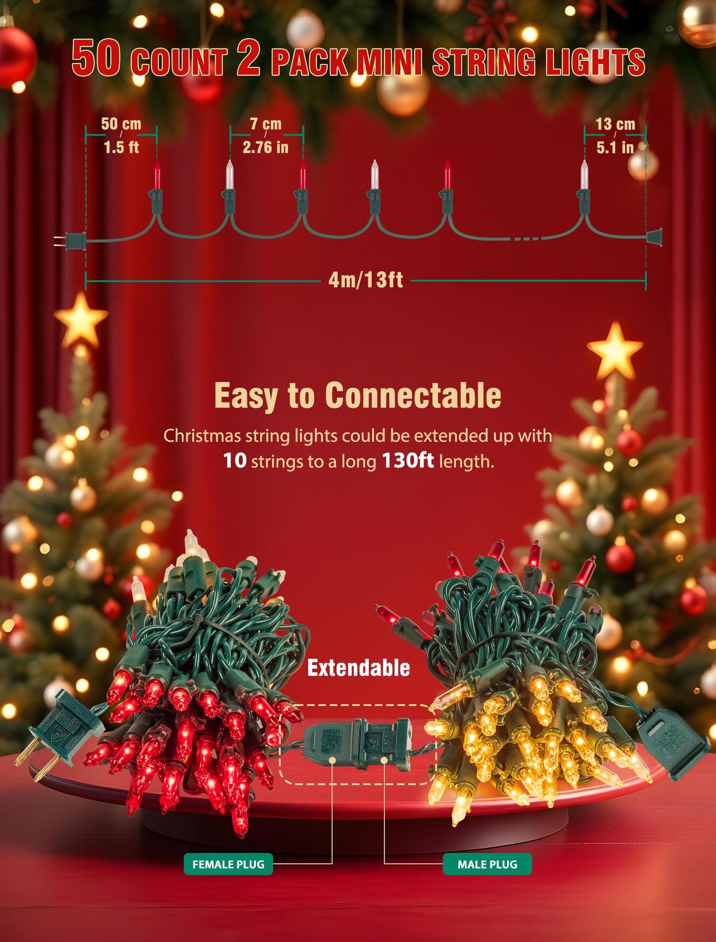 Hopolon Christmas Lights Indoor Outdoor, 2 Pack 13 FT 50 Count Incandescent Mini String Light, Green Wire Christmas Tree Lights Waterproof for Holiday Wedding Valentine's Day Decor, Red and Clear