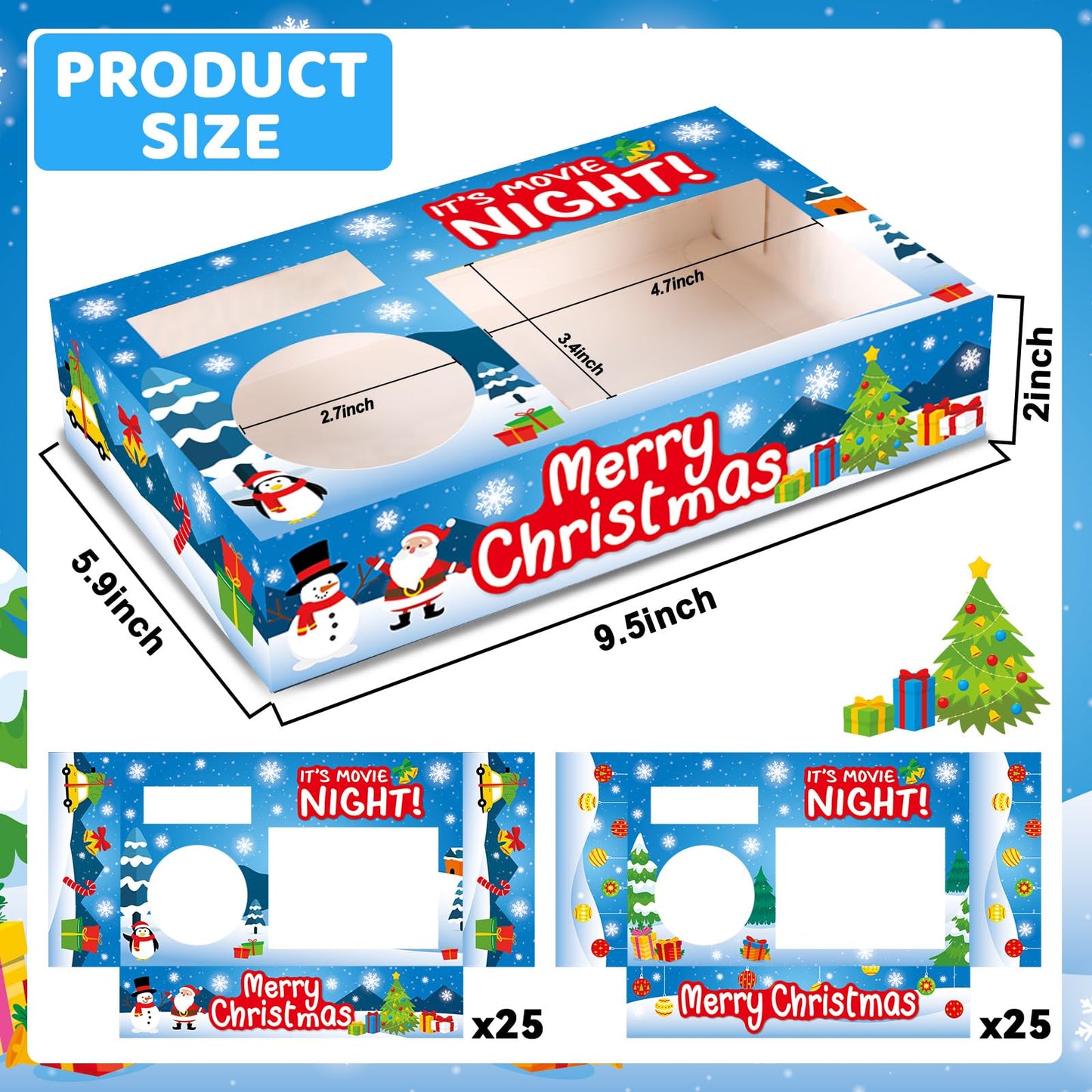 QOUBAI 50Pcs Christmas Party Supplies Movie Night Paper Snacks Boxes Xmas Movie Theater Snack Tray Party Decorations Popcorn Drink Holder Set for Christmas Xmas Tree Snowman Birthday Holiday