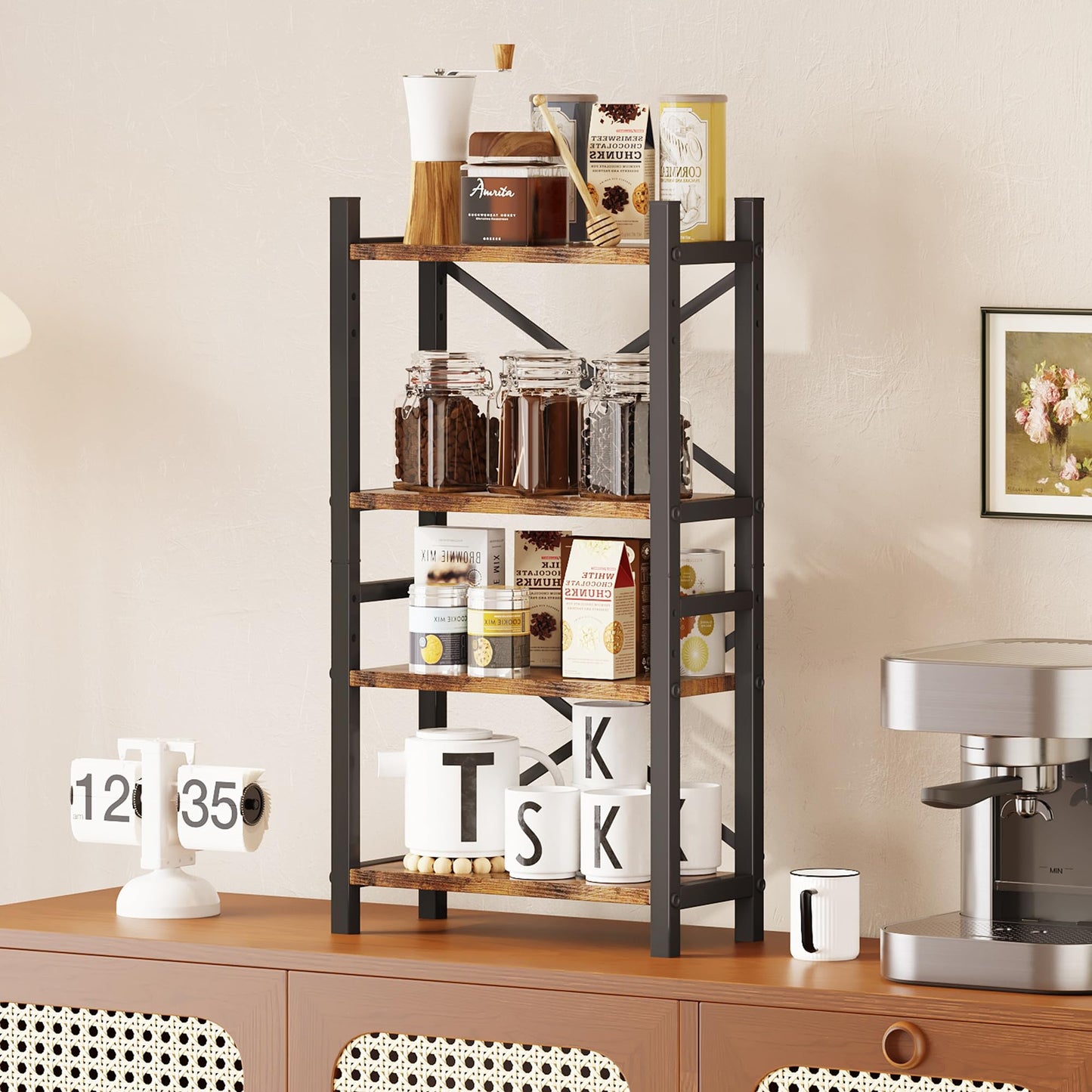 Desktop Bookshelf, 4-Tier Stackable Narrow Bookcase, Adjustable Industrial Desk Organizer & Hutch - Rustic Brown Wood Desktop Book Organizer for Living Room, Bedroom & Home Office