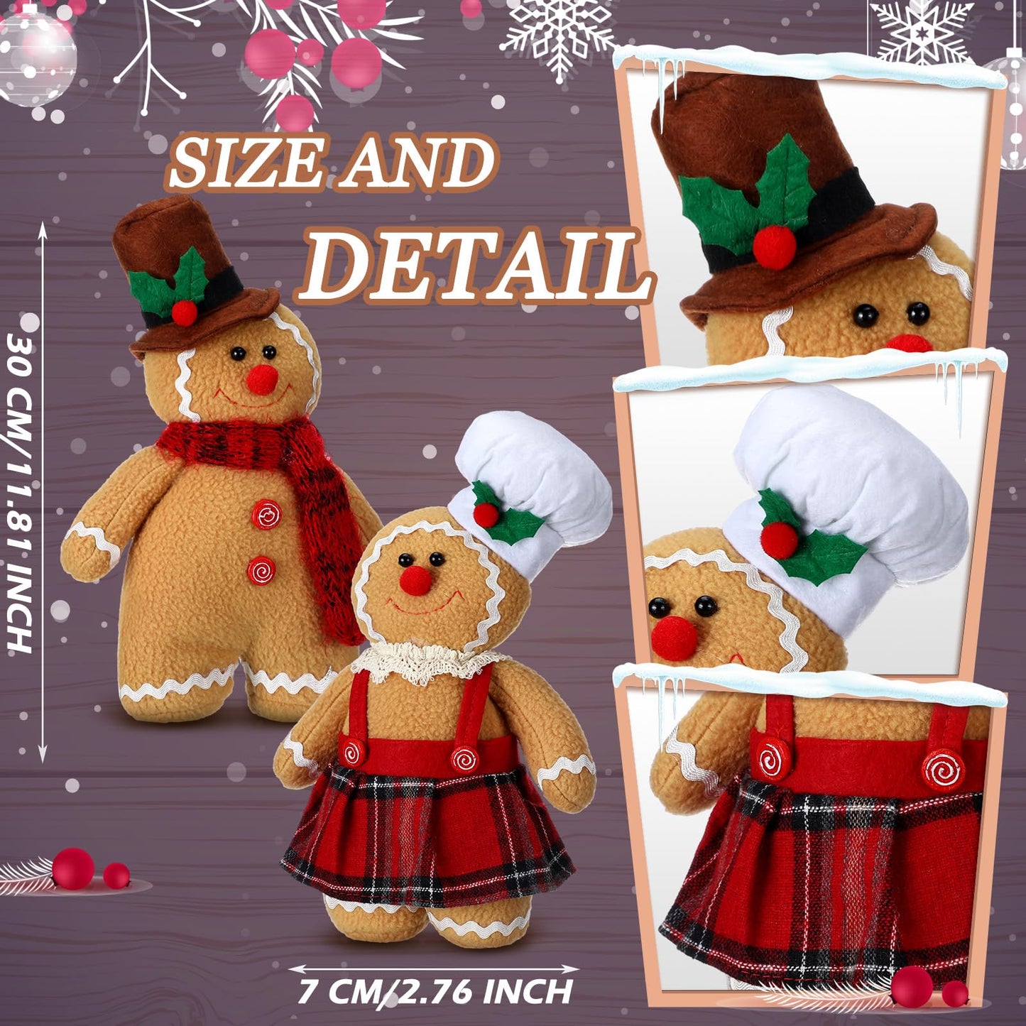 Bencailor 2 Pcs Christmas Throw Pillow Plush Gingerbread Men Pillows Cute Snowman Pillows for Xmas Party Bedroom Cushion Decor(Gingerbread Boy Girl)