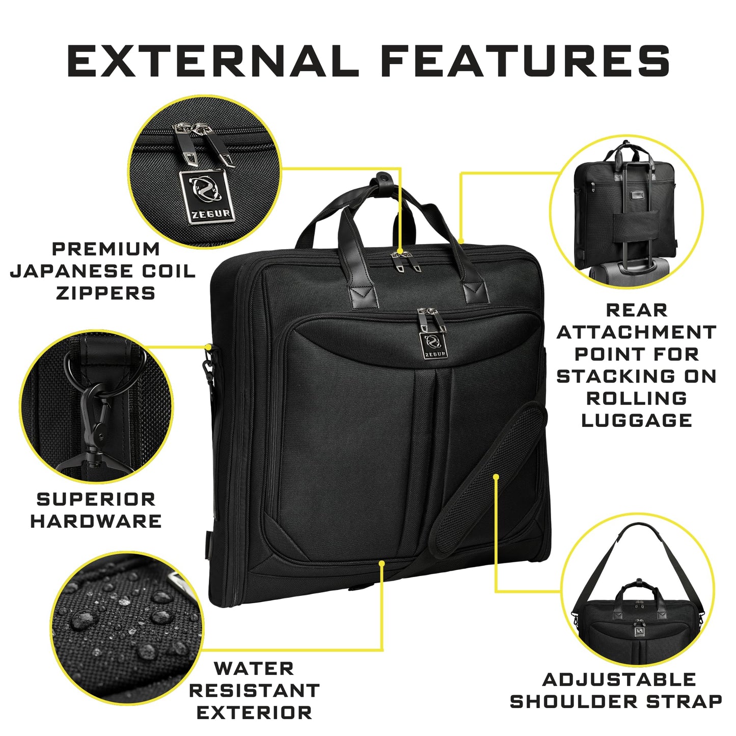 ZEGUR Premium Suit Garment Bag Carry On - Hangs 4 Suits - Travel & Business with Shoulder Strap and Laptop Compartment