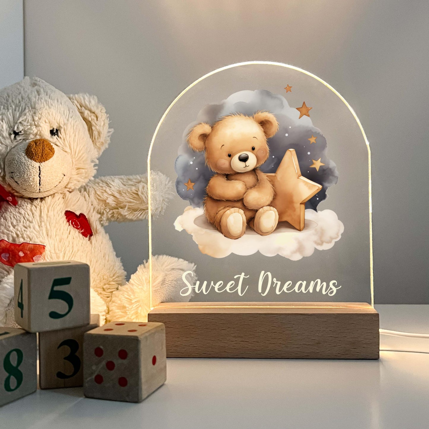 Teddy Bear Frame Night Light Up Table Wood Base LED Desk Stand Plaque Nursery Decor Sweet Dreams Night Light Kids Baby Toddler Children Cute Bear Lamp Custom Christmas/Birthday Gift - Made in America