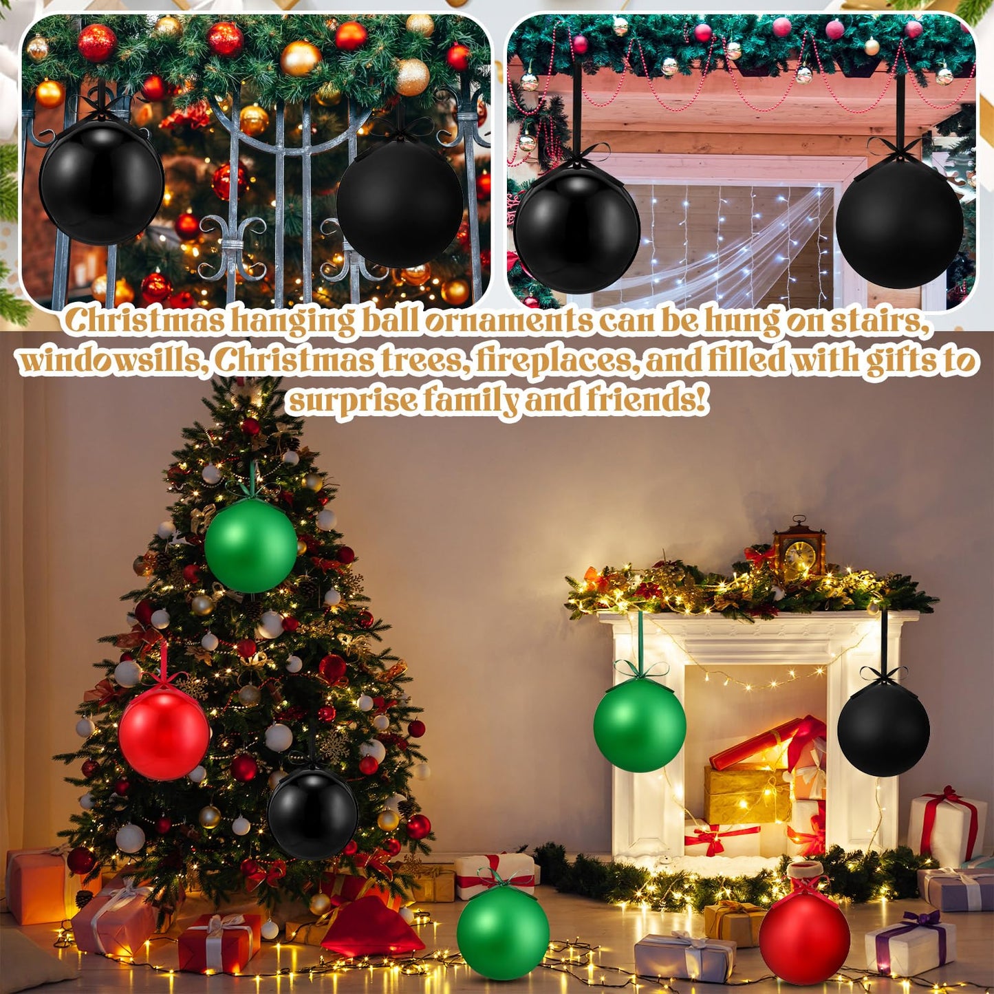 Zubebe 2 Pcs 8" Giant Fillable Christmas Ornaments with Ribbons Oversized Plastic Xmas Balls for Outdoor Lawn Yard Decor, Tree Hanging, Holiday Gifts(Matte Black, Shiny Black)