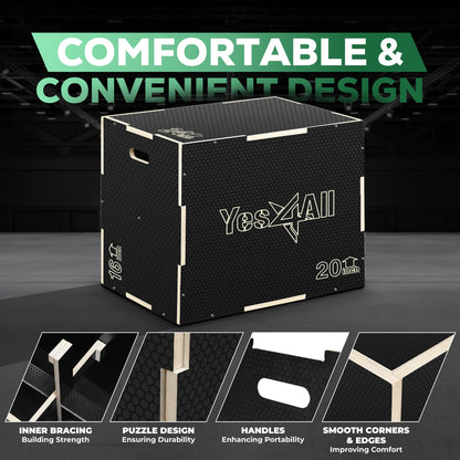 Yes4All 3 in 1 Non-Slip Wooden Plyo Box, Step Up Box for Workout, Plyometric Jump Box for Skipping, Jumping, Lunges, Squats, Dips, 16" x 14" x 12", Black